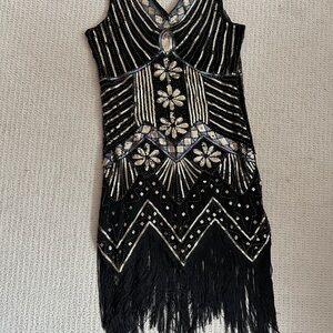 Black and Silver Sequin High-Low Cocktail Dress